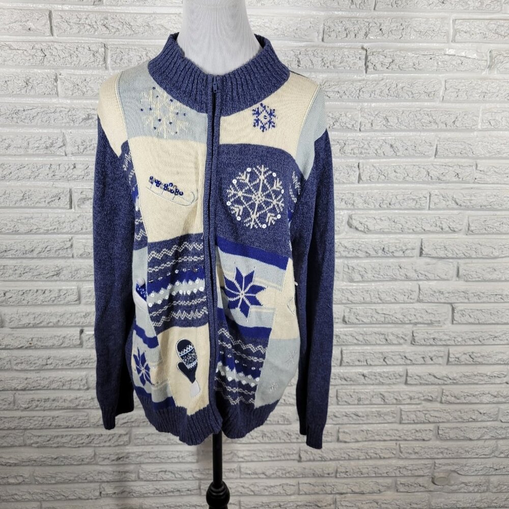 Classic Elements Womens Sweater XL Blue Snowflake Sequin Cardigan Holida SWE179E